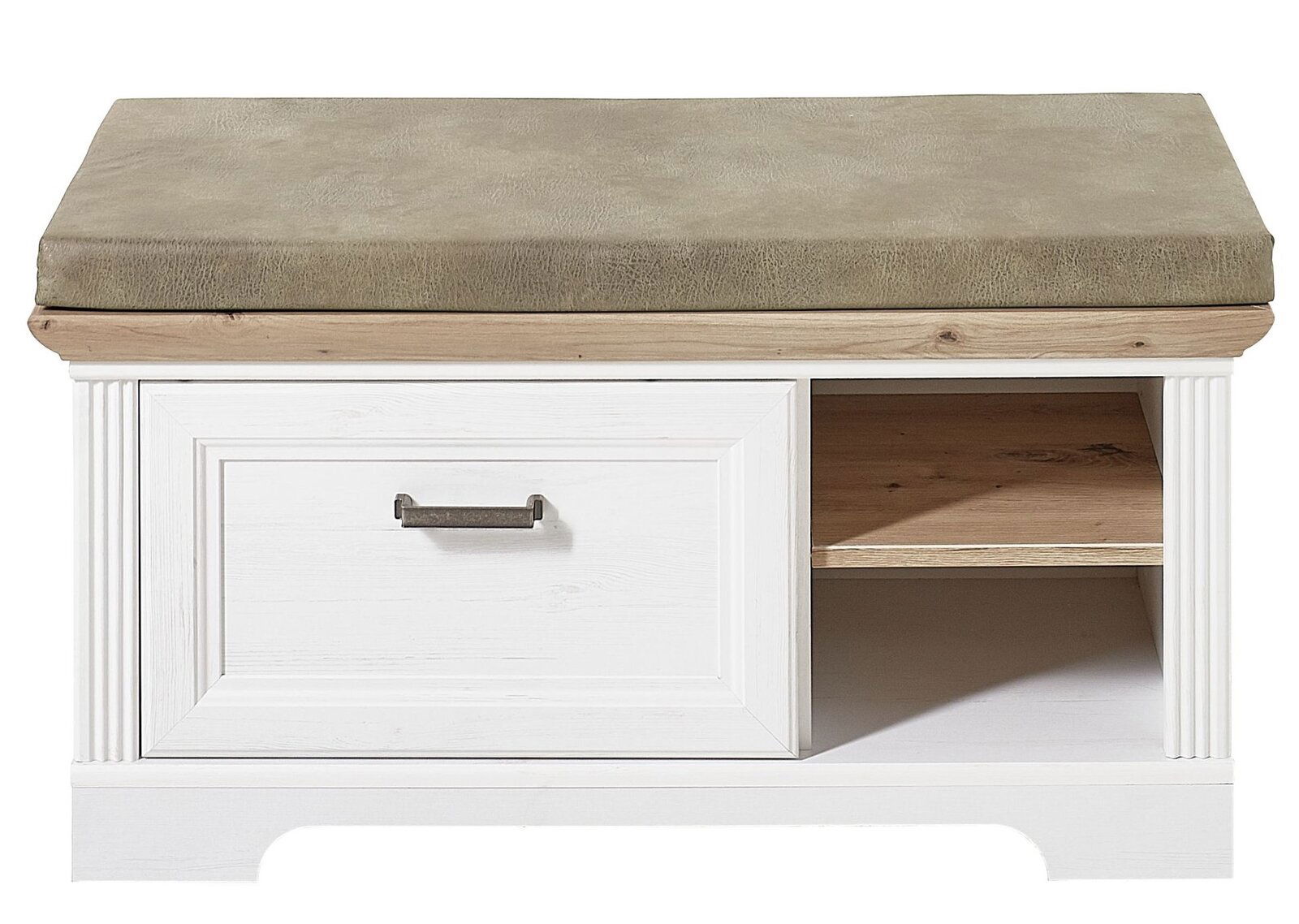 Weiße Bank mit Stauraum, gepolstertem Sitzkissen und Schublade, Frontalansicht