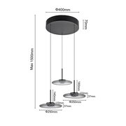 Moderne LED-Hängeleuchte mit drei runden Leuchtelementen, von der Seite betrachtet. Die Leuchte hat eine maximale Abhängung von 1500 mm und einen Deckenbaldachin mit einem Durchmesser von 400 mm.