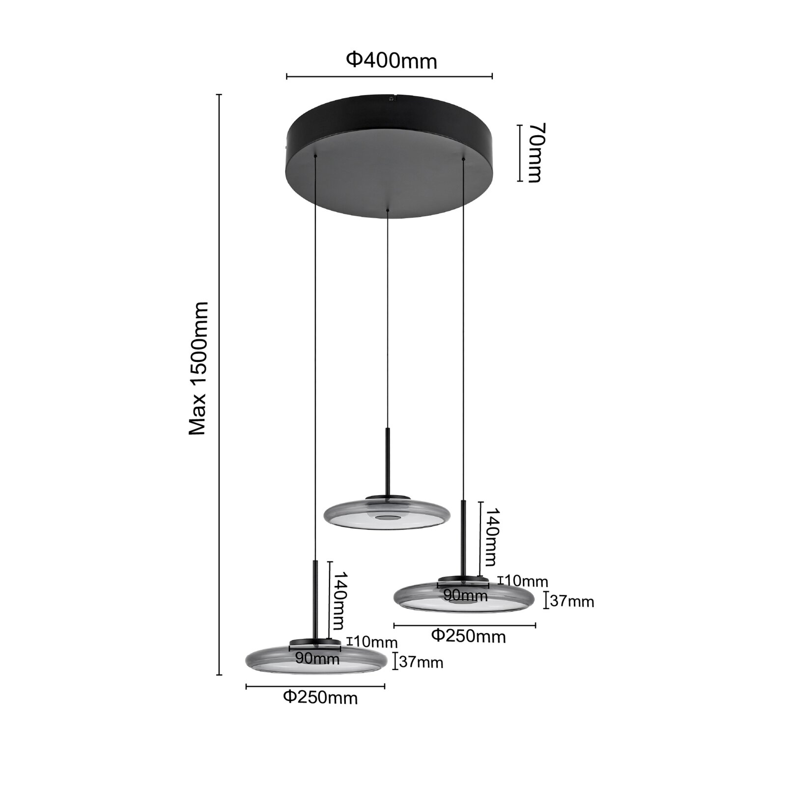 Moderne LED-Hängeleuchte mit drei runden Leuchtelementen, von der Seite betrachtet. Die Leuchte hat eine maximale Abhängung von 1500 mm und einen Deckenbaldachin mit einem Durchmesser von 400 mm.