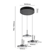 Moderne LED-Hängeleuchte mit drei runden Leuchtelementen, von der Seite betrachtet. Die Leuchte hat eine maximale Abhängung von 1500 mm und einen Deckenbaldachin mit einem Durchmesser von 400 mm.