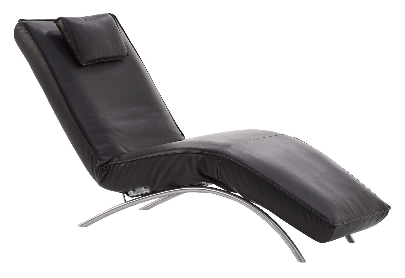 Elegante schwarze Liege mit gebogenem Metallgestell, seitliche Perspektive