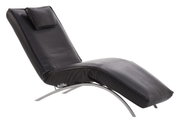 Elegante schwarze Liege mit gebogenem Metallgestell, seitliche Perspektive