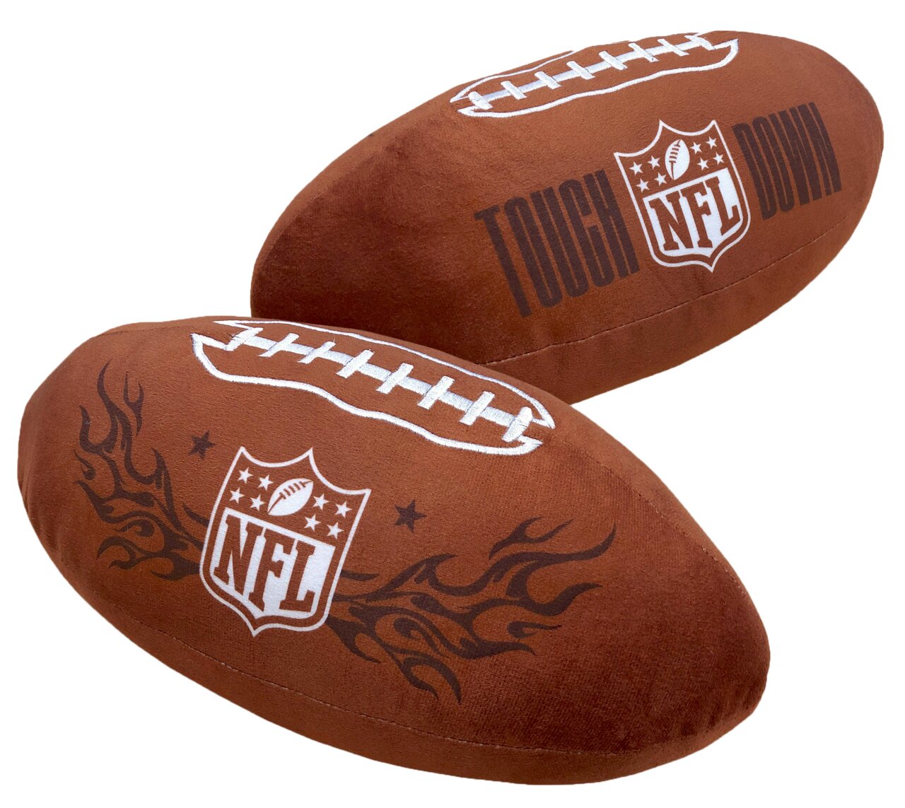 NFL Konturenkissen in Form eines Footballs mit NFL-Logo und 'TOUCHDOWN'-Aufschrift, seitliche Perspektive