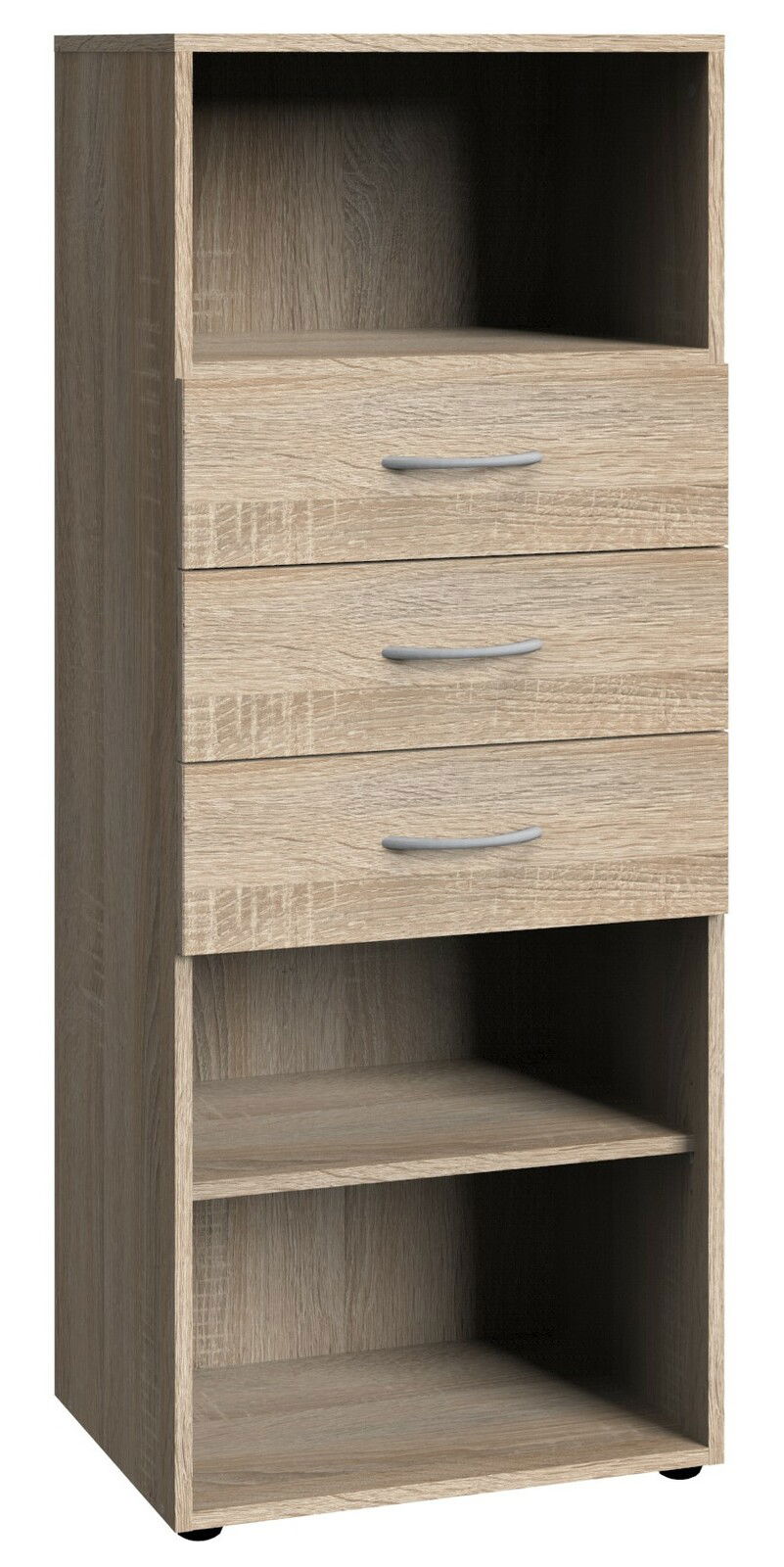 Holzregal mit drei Schubladen und zwei offenen Fächern, frontale Ansicht