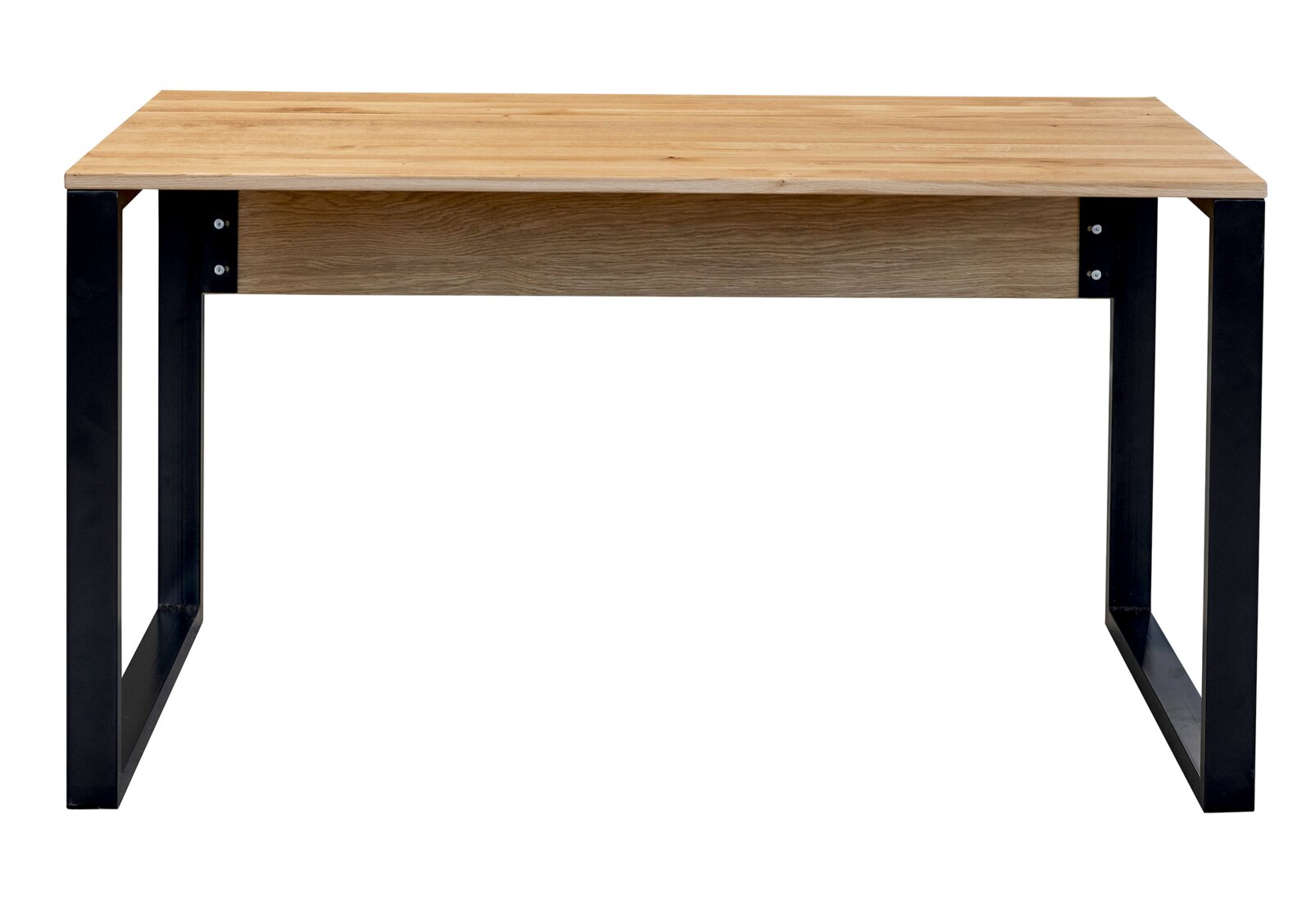 Moderner Tisch mit heller Holzplatte und schwarzen Metall-Kufenbeinen, frontal in leichter Aufsicht freigestellt auf weißem Hintergrund.