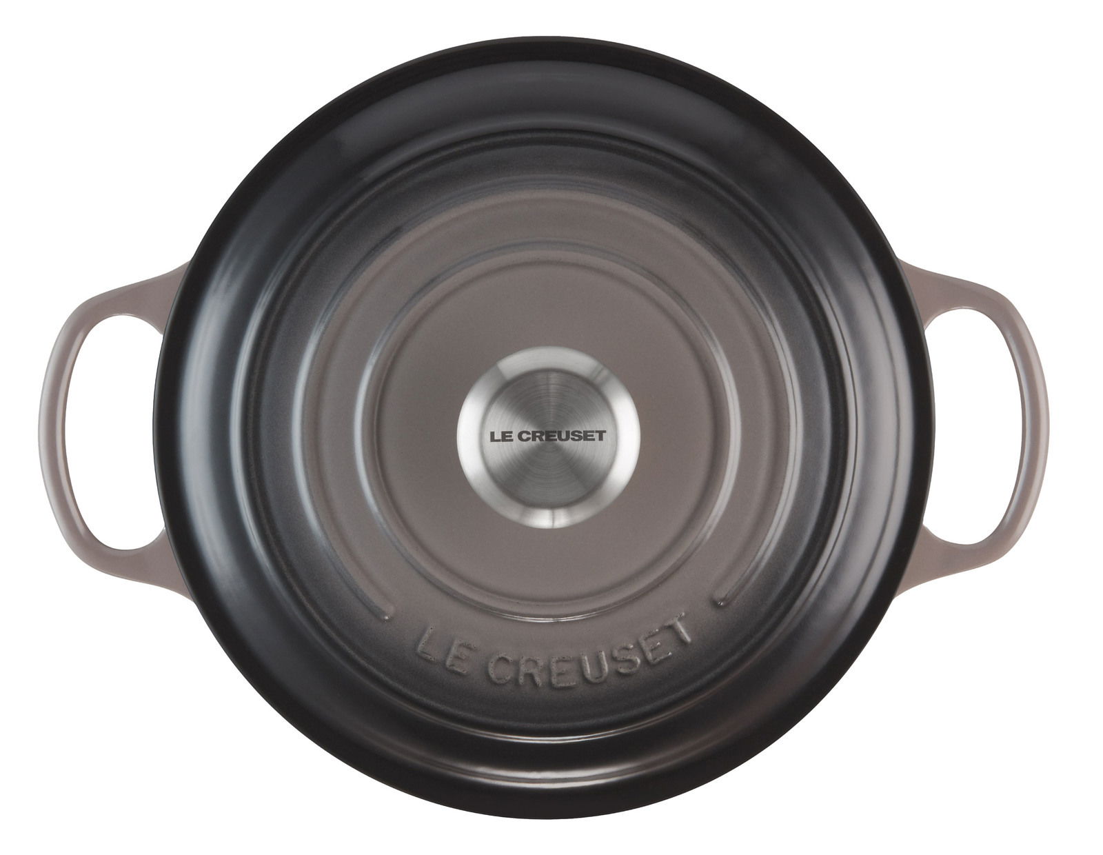 Runder Bräter von oben mit zwei Griffen, graue Farbe, Marke Le Creuset.