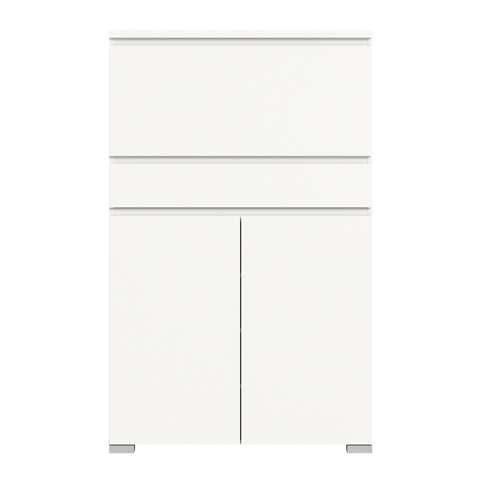 Moderner weißer Schuhschrank mit zwei Türen und zwei Schubladen, Frontalansicht