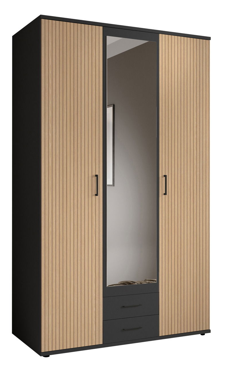 Drehtürenschrank mit drei Türen, mittlere Tür mit Spiegel, aus Holz mit schwarzem Rahmen, Frontansicht