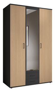 Drehtürenschrank mit drei Türen, mittlere Tür mit Spiegel, aus Holz mit schwarzem Rahmen, Frontansicht