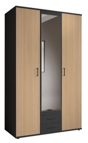 Kast met drie draaideuren, middelste deur met spiegel, van hout met zwart frame, vooraanzicht