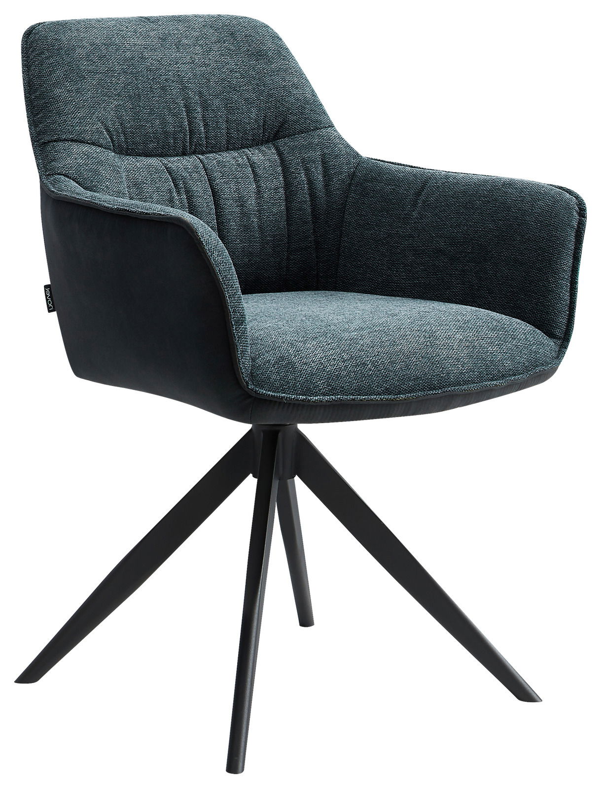 Novel Sessel AKITA Moderner Sessel mit gepolstertem Sitz und Rückenlehne in dunklem Stoff, auf schwarzem Metallgestell, seitliche Perspektive