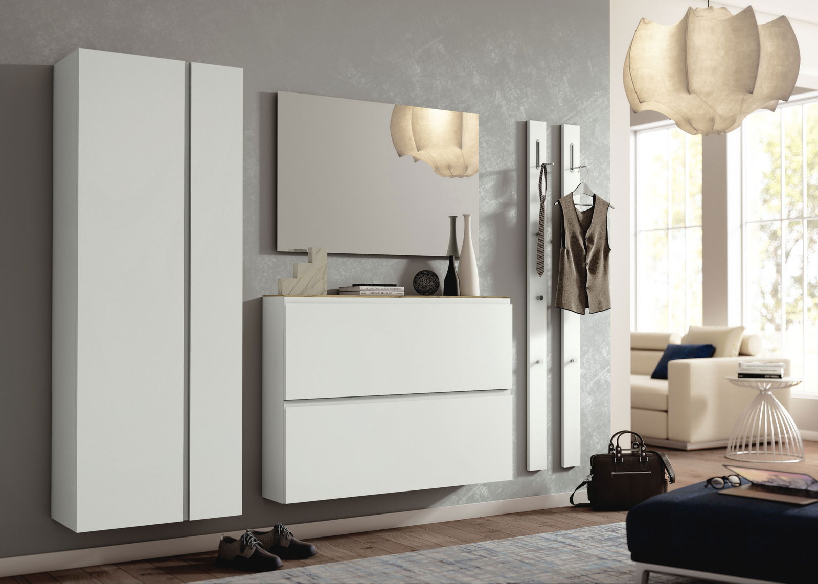 Moderano Garderoben-Set LECCO Modernes Garderobenset in Weiß mit Hängeschrank, Spiegel und Kleiderhaken, seitliche Perspektive