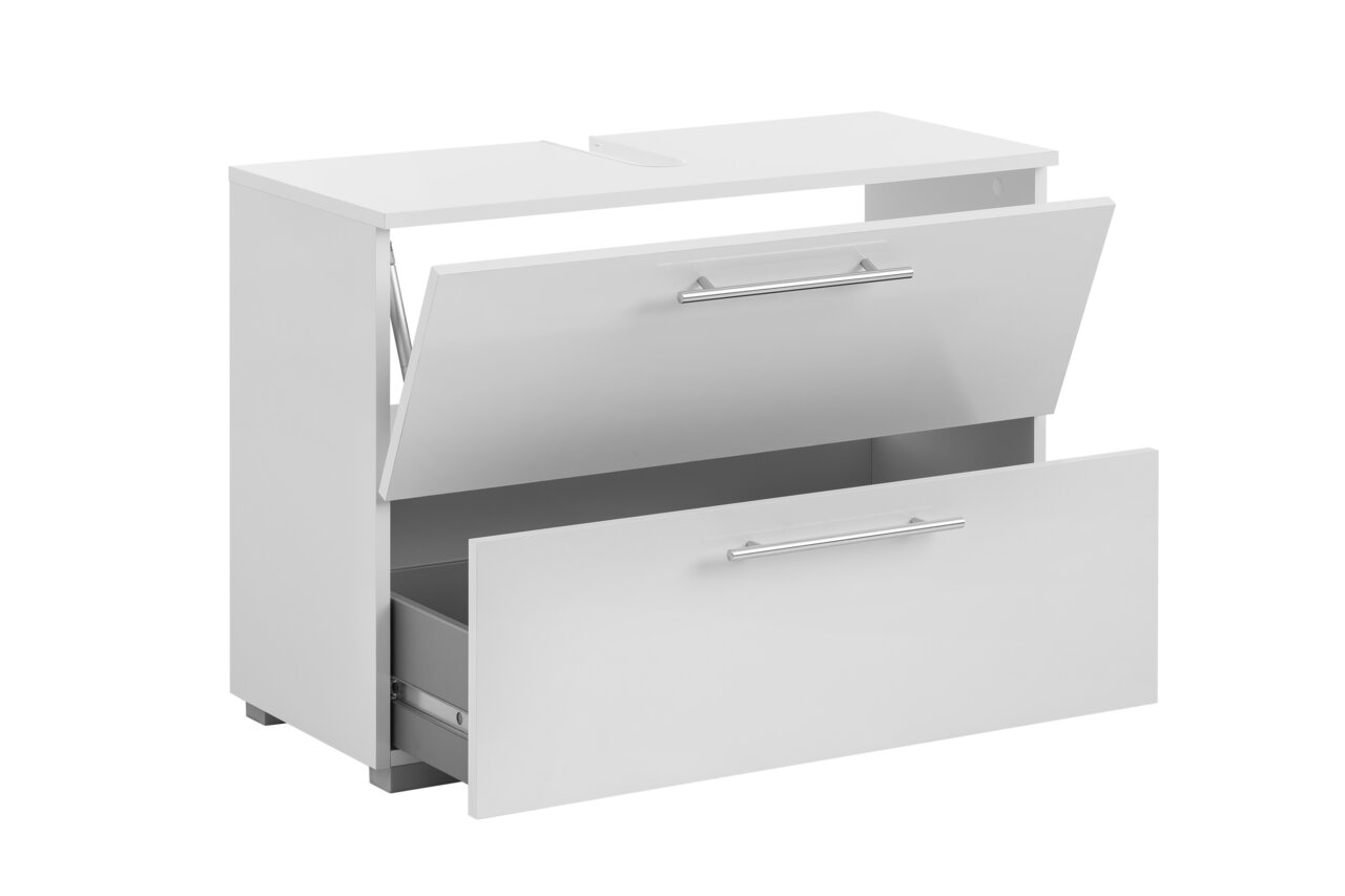 Weißer Waschbeckenunterschrank mit zwei Schubladen, Frontansicht