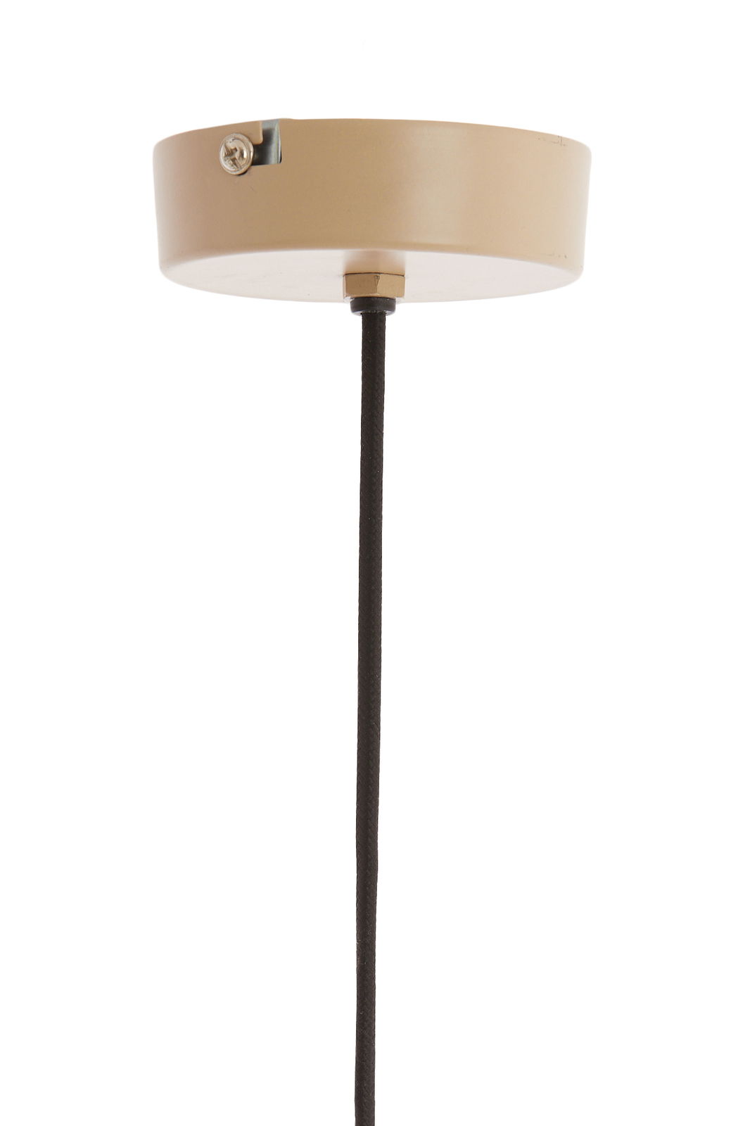 Hängeleuchte von unten mit schwarzem Kabel und beigem Baldachin