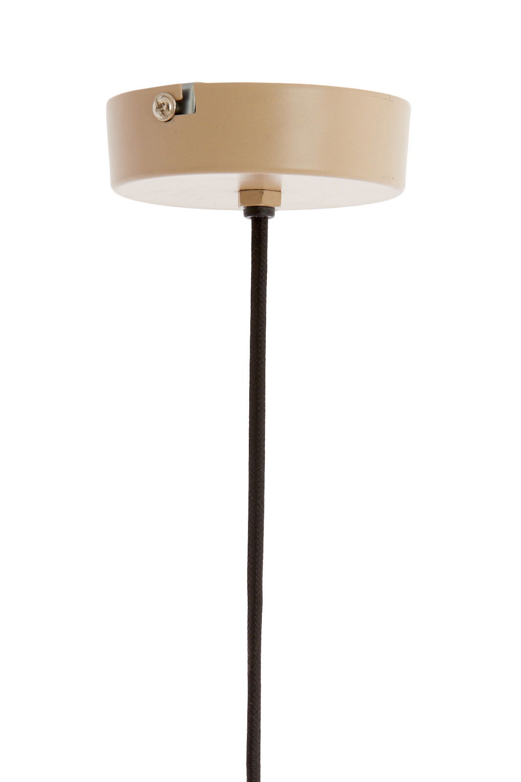 Hängeleuchte von unten mit schwarzem Kabel und beigem Baldachin