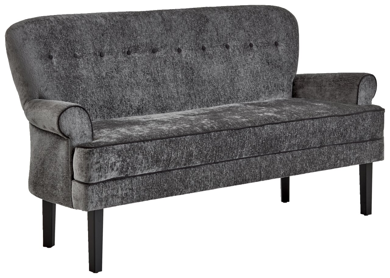 Graue Sitzbank mit Knopfdetails und Armlehnen, seitliche Perspektive