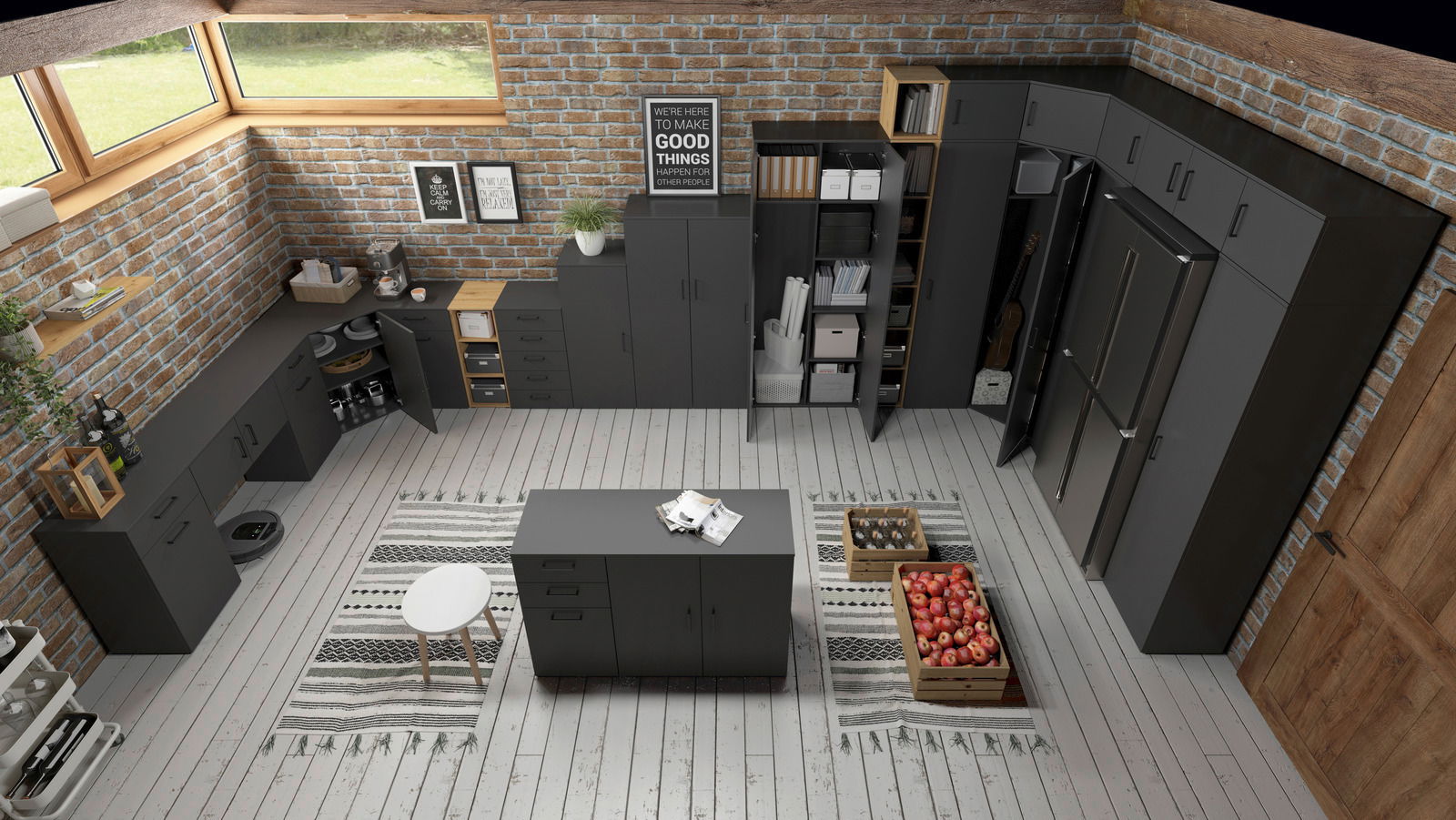 Carryhome Abdeckboden MULTISTAURAUM Moderne Küche mit grauen Mehrzweckschränken und Regalen, aus der Vogelperspektive fotografiert.