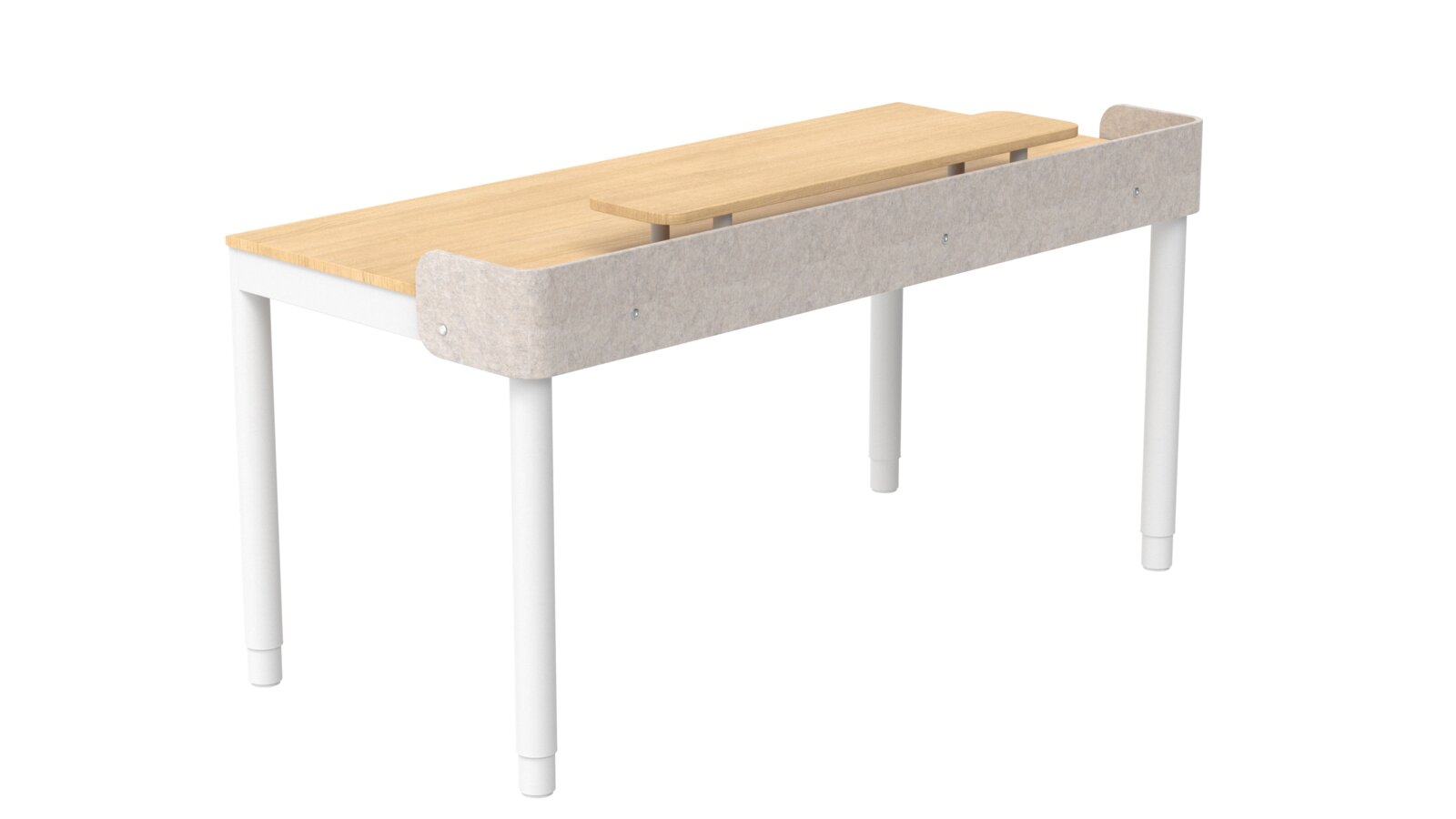 Schreibtisch mit heller Holzplatte, weißem Gestell und grauer Filz-Rückwand mit Ablage, gezeigt in schräger Seitenansicht von vorn rechts.