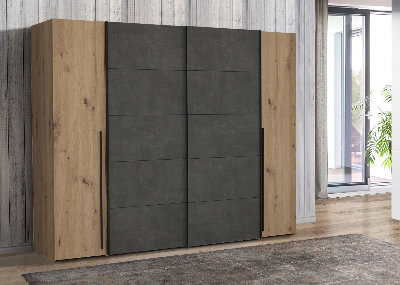 Moderner Dreh- und Schwebetürenschrank NARAGO in Holzoptik mit grauen Türen, seitliche Perspektive
