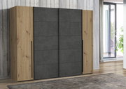 Moderner Dreh- und Schwebetürenschrank NARAGO in Holzoptik mit grauen Türen, seitliche Perspektive