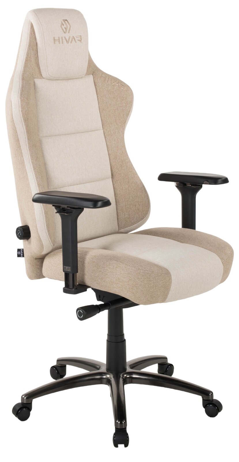 Beiger Gaming Stuhl mit ergonomischem Design, verstellbaren Armlehnen und stabiler Basis, seitliche Perspektive