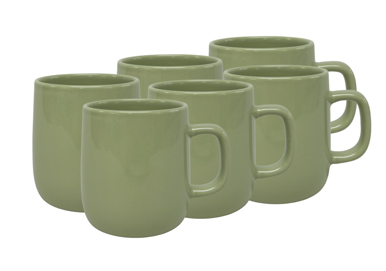 Sechs grüne Kaffeebecher in einer diagonalen Anordnung, Vorderansicht.