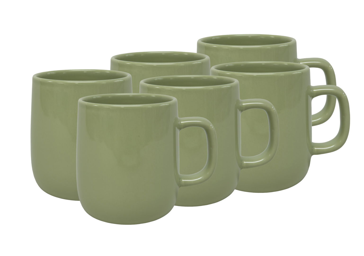 Sechs grüne Kaffeebecher in einer diagonalen Anordnung, Vorderansicht.