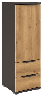 Hoch-Kommode mit Holzoptik und drei Schubladen, seitliche Perspektive