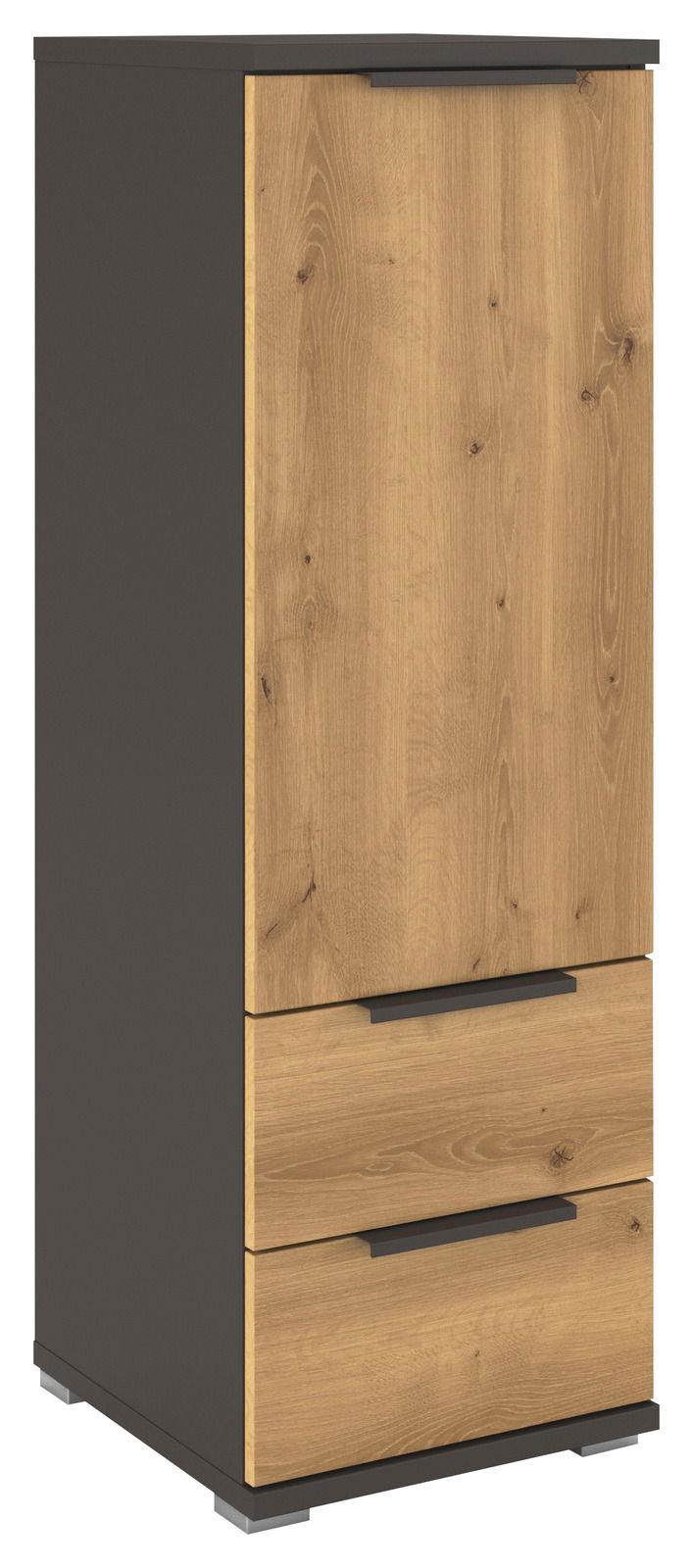Hoch-Kommode mit Holzoptik und drei Schubladen, seitliche Perspektive