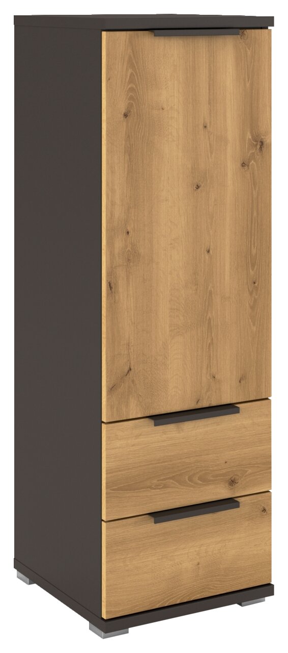 Hoch-Kommode mit Holzoptik und drei Schubladen, seitliche Perspektive