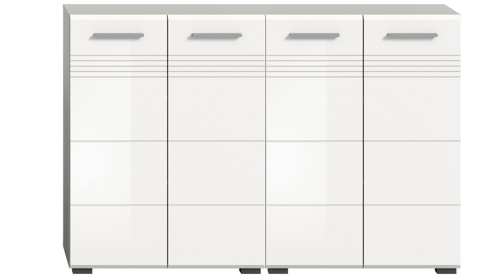 Moderner weißer Midischrank mit drei Türen und horizontalen Griffen, Frontalansicht