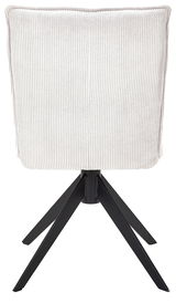 Rückansicht eines Stuhls mit weißem, geripptem Stoffbezug und schwarzem Metallgestell.