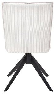 Rückansicht eines Stuhls mit weißem, geripptem Stoffbezug und schwarzem Metallgestell.