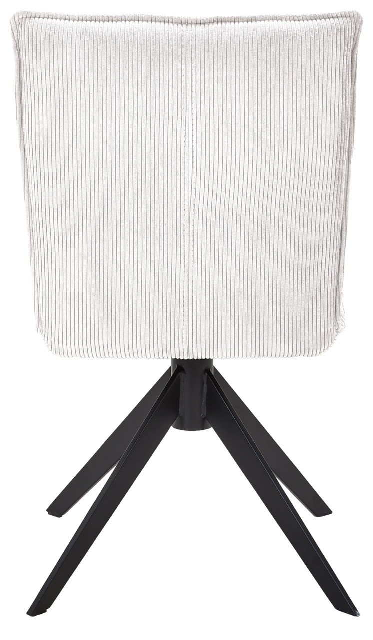 Johann Jakob Stuhl CALAS Rückansicht eines Stuhls mit weißem, geripptem Stoffbezug und schwarzem Metallgestell.