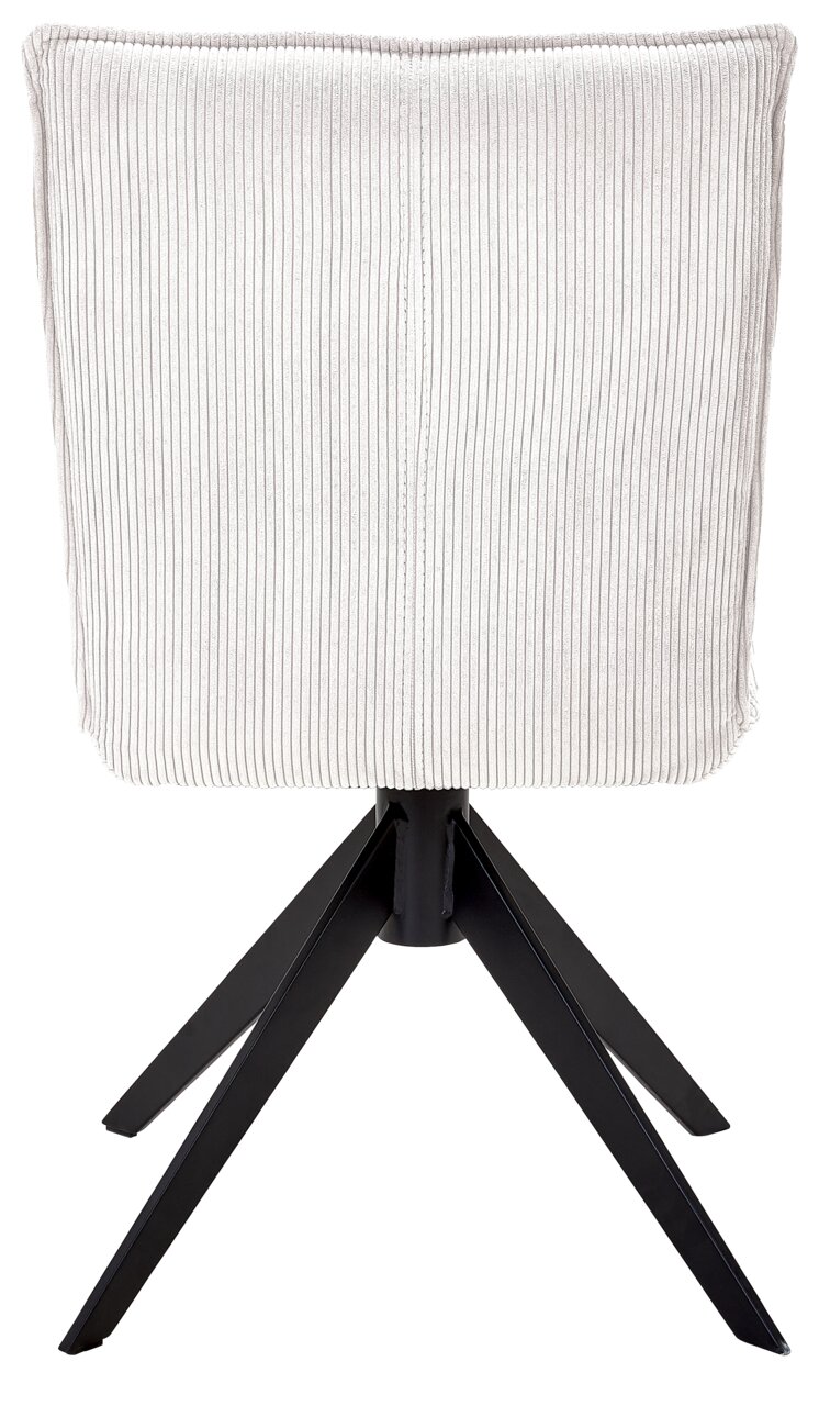 Johann Jakob Stuhl CALAS Rückansicht eines Stuhls mit weißem, geripptem Stoffbezug und schwarzem Metallgestell.