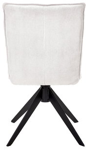 Rückansicht eines Stuhls mit weißem, geripptem Stoffbezug und schwarzem Metallgestell.