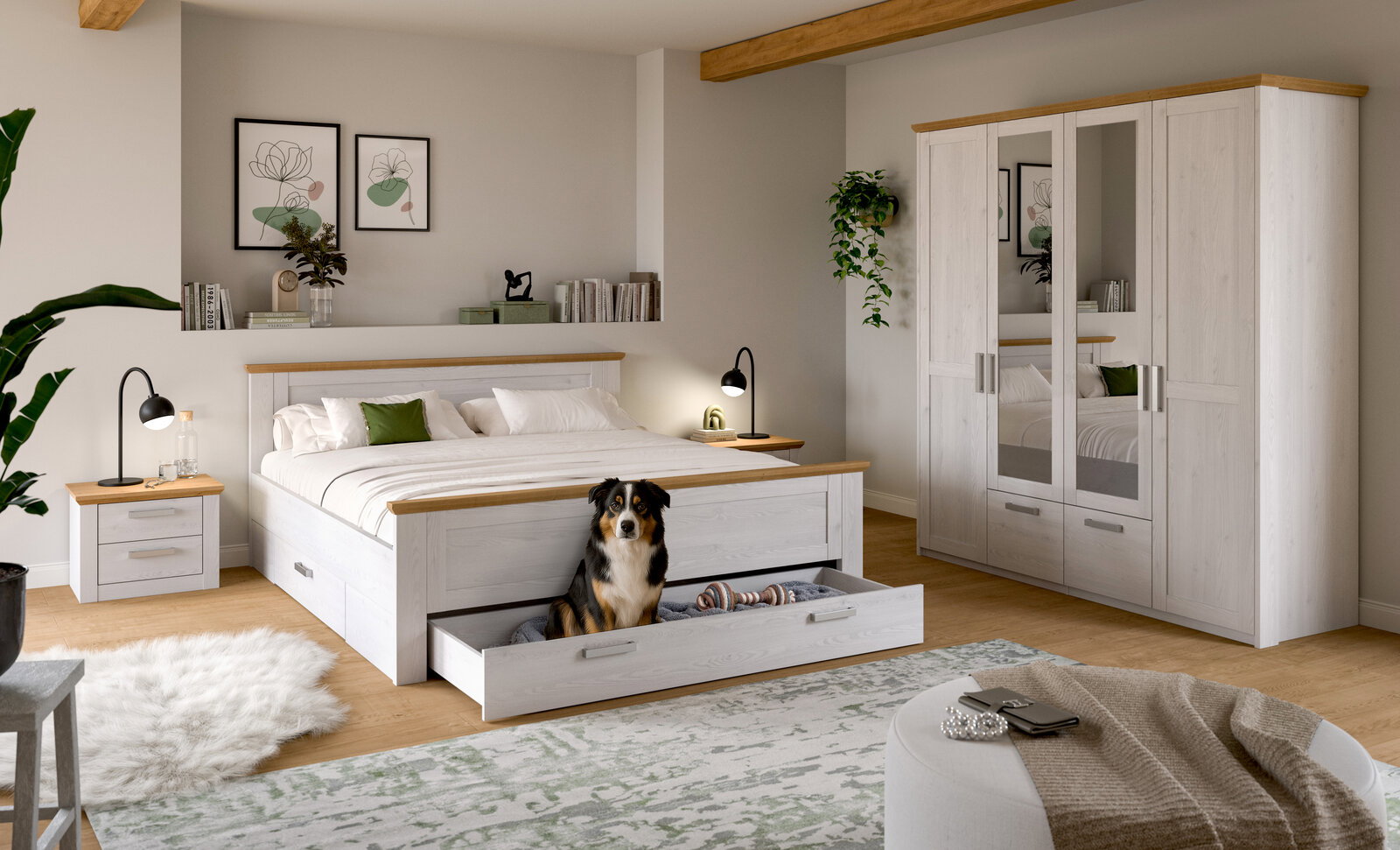 Modernes Schlafzimmer-Set in Weiß mit Holz-Akzenten: Doppelbett mit ausgezogener Bettkasten-Schublade, zwei Nachttische mit Lampen und großer Kleiderschrank mit Spiegeltüren; Ansicht schräg von vorn.