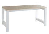 Moderner Schreibtisch aus der Serie JUDITH mit weißem Gestell und naturfarbener Tischplatte, seitliche Perspektive
