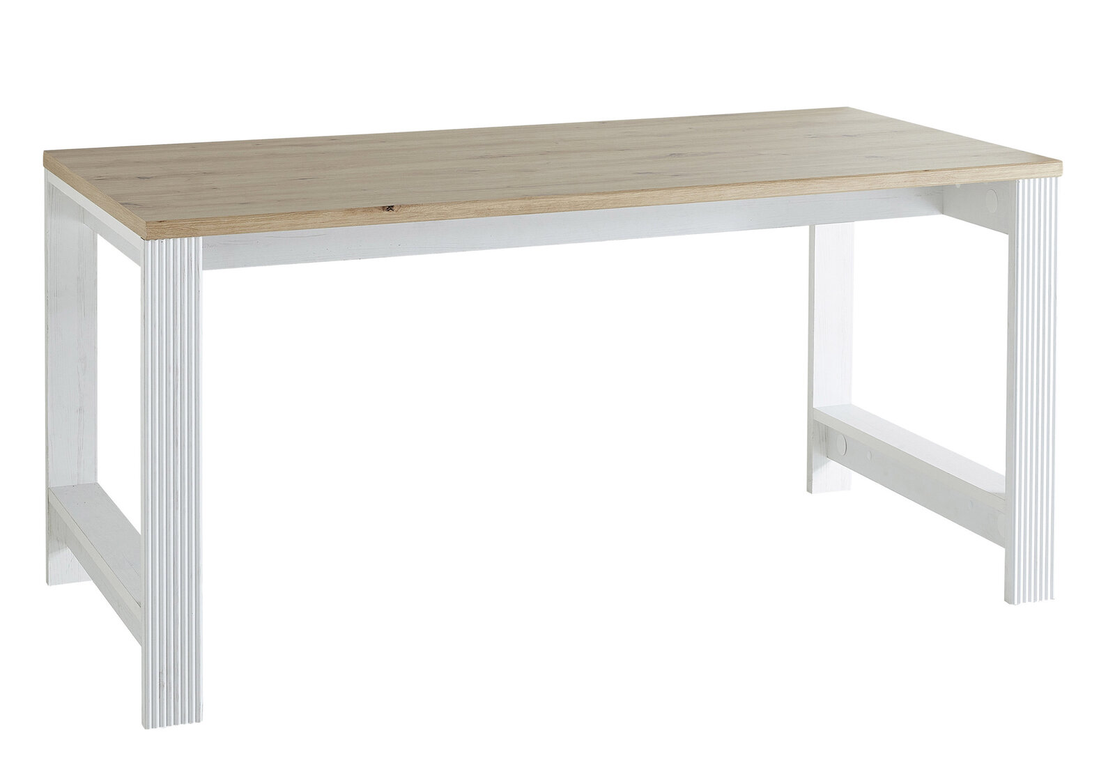 Landscape Schreibtisch JUDITH Moderner Schreibtisch aus der Serie JUDITH mit weißem Gestell und naturfarbener Tischplatte, seitliche Perspektive