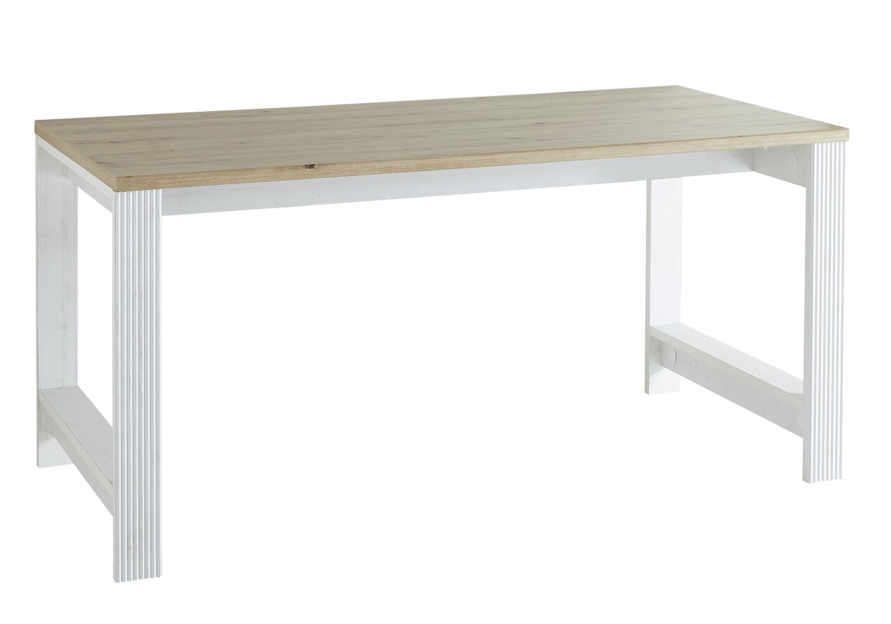 Landscape Schreibtisch JUDITH Moderner Schreibtisch aus der Serie JUDITH mit weißem Gestell und naturfarbener Tischplatte, seitliche Perspektive