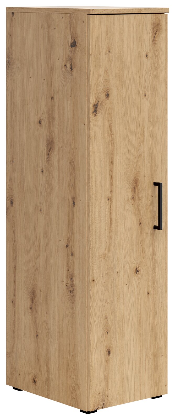 Mehrzweckschrank aus Holz mit natürlicher Maserung, seitliche Perspektive