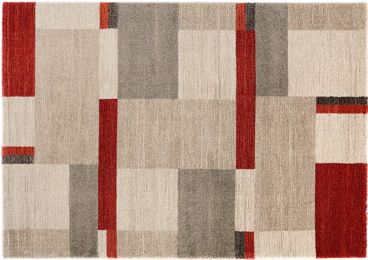 Teppich mit geometrischem Muster in Beige, Grau und Rot, Draufsicht