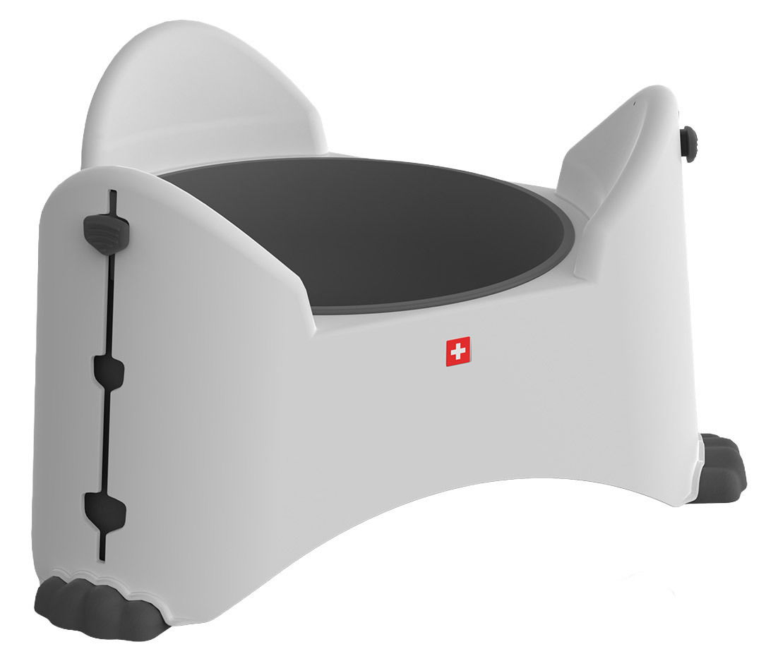 Verstellbarer Futternapf in seitlicher Perspektive mit modernem Design und Schweizer Kreuz Symbol.