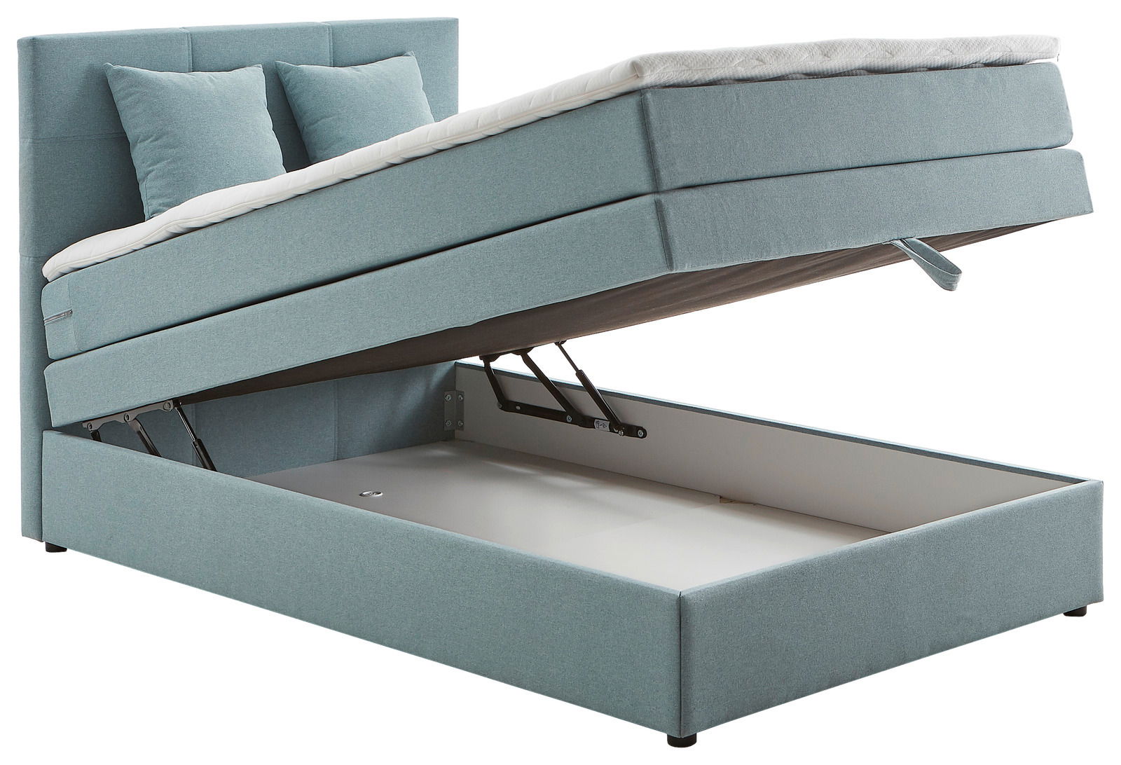 Boxspringbett in hellblauem Stoffbezug mit geöffnetem Bettkasten, seitliche Perspektive