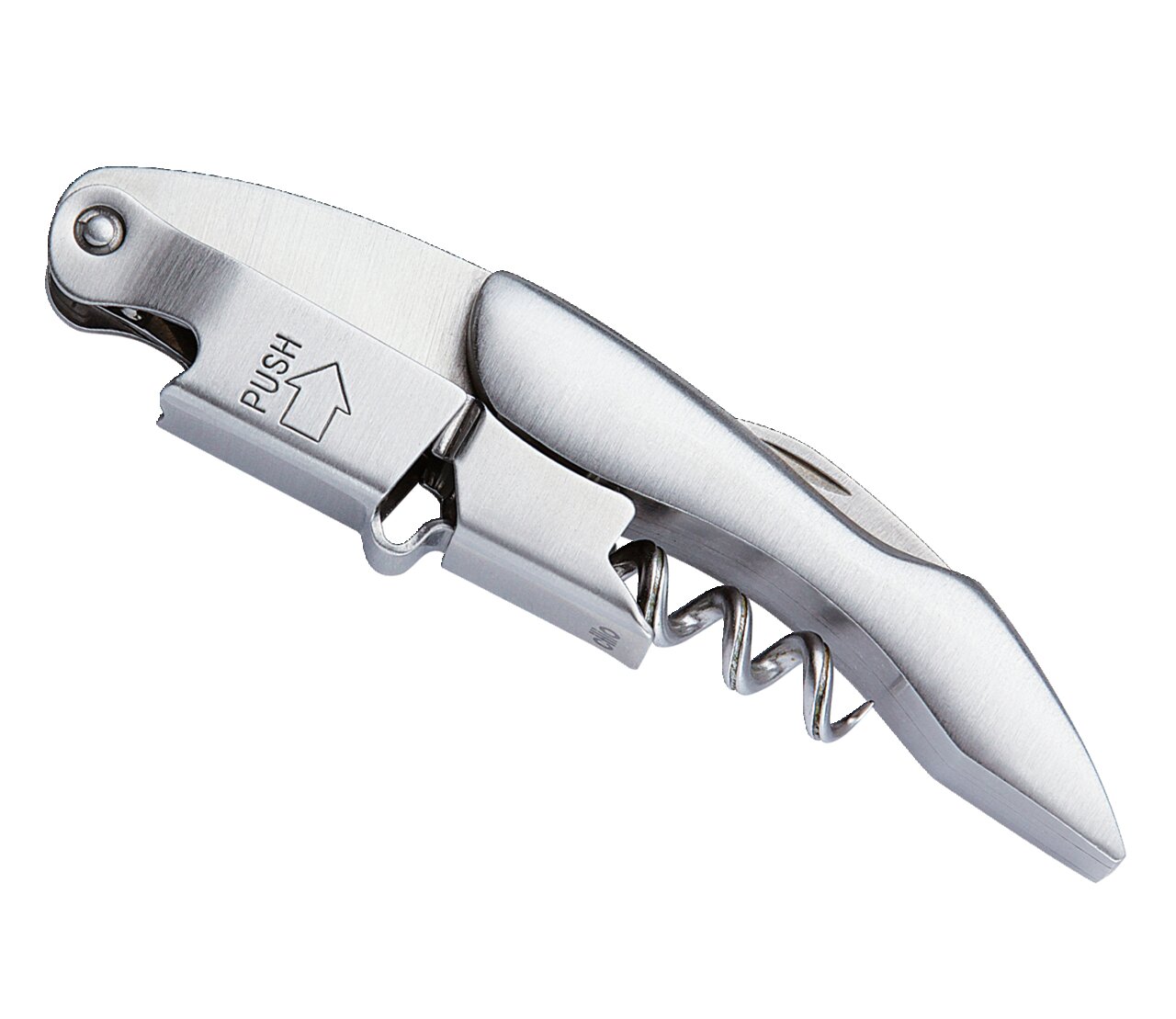Silbernes Kellnermesser in seitlicher Perspektive mit Korkenzieher und Flaschenöffner.