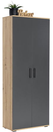 Moderner XL-Schuhschrank mit grauen Türen und Holzseiten, dekoriert mit einer Pflanze und einem 'Relax'-Schriftzug, seitliche Perspektive