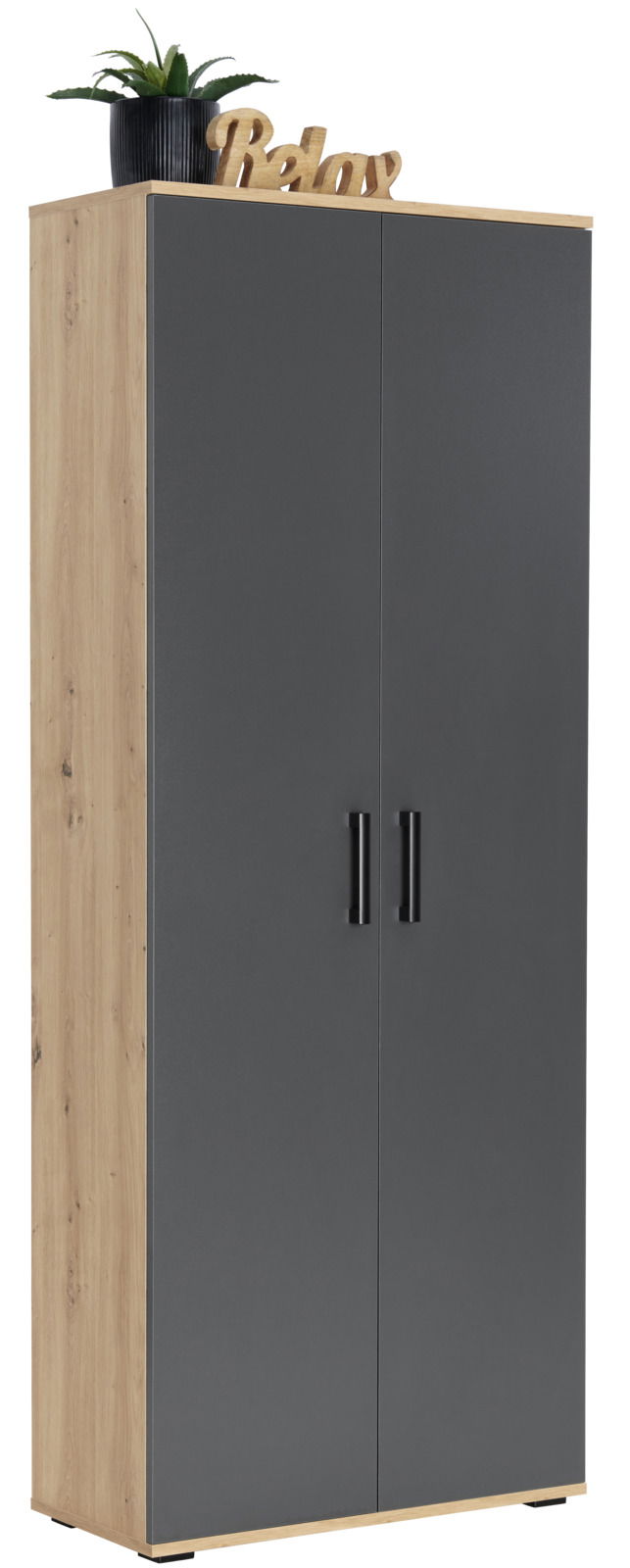Moderner XL-Schuhschrank mit grauen Türen und Holzseiten, dekoriert mit einer Pflanze und einem 'Relax'-Schriftzug, seitliche Perspektive