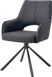 Gepolsterter Armlehnstuhl in Dunkelgrau mit Stoffbezug und schwarzem Metall-Drehkreuzgestell, freigestellt auf weißem Hintergrund, Ansicht schräg von vorne.