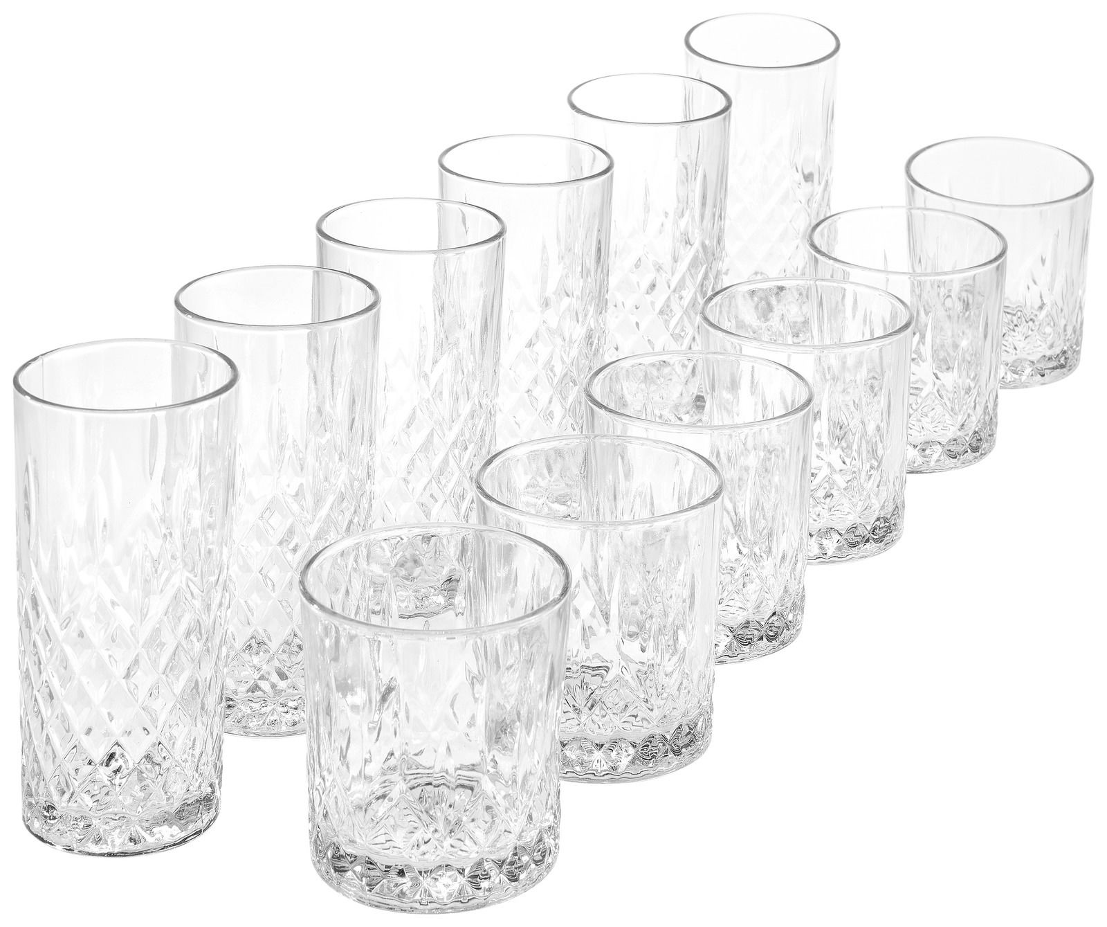 Leonardo Gläserset 12-tlg. Ein 12-teiliges Becherset mit Kristallmuster, bestehend aus hohen und niedrigen Gläsern, aus einer leicht erhöhten Perspektive fotografiert.