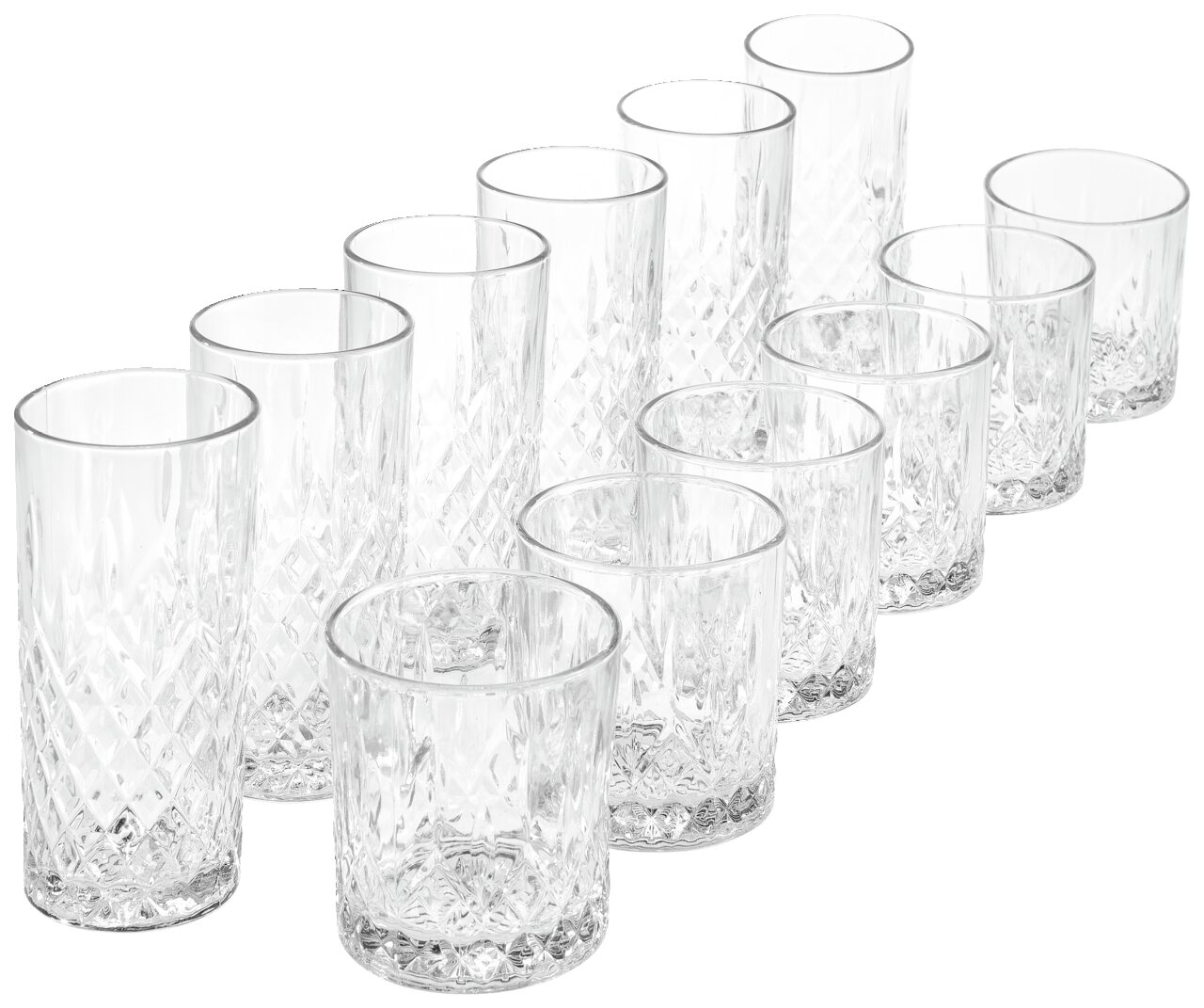 Leonardo Gläserset 12-tlg. Ein 12-teiliges Becherset mit Kristallmuster, bestehend aus hohen und niedrigen Gläsern, aus einer leicht erhöhten Perspektive fotografiert.